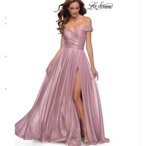 NEW LA FEMME Pink Iridescent Off the Shoulder Chiffon Gown